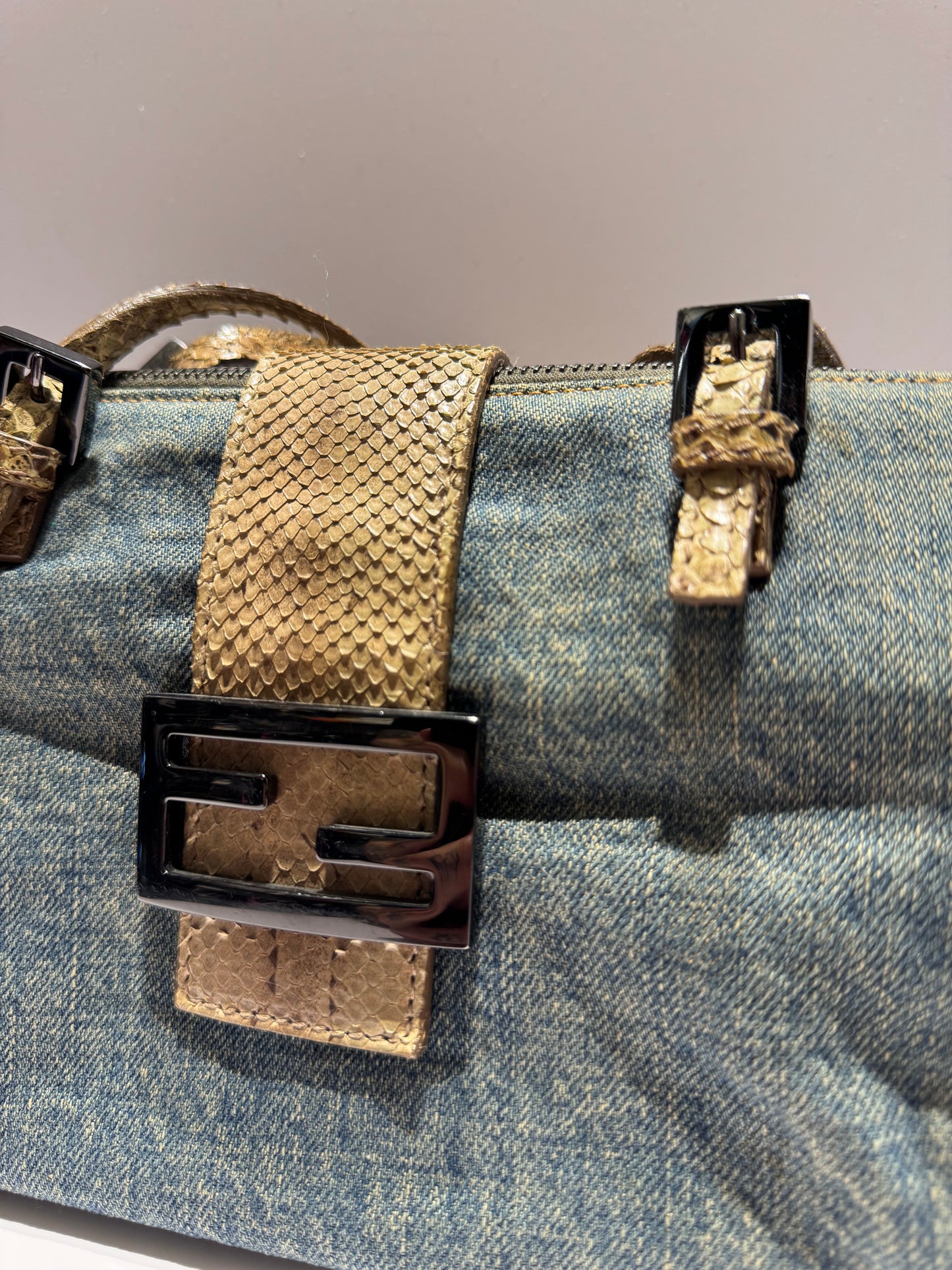 Fendi Denim Snakeskin Boxy Baguette