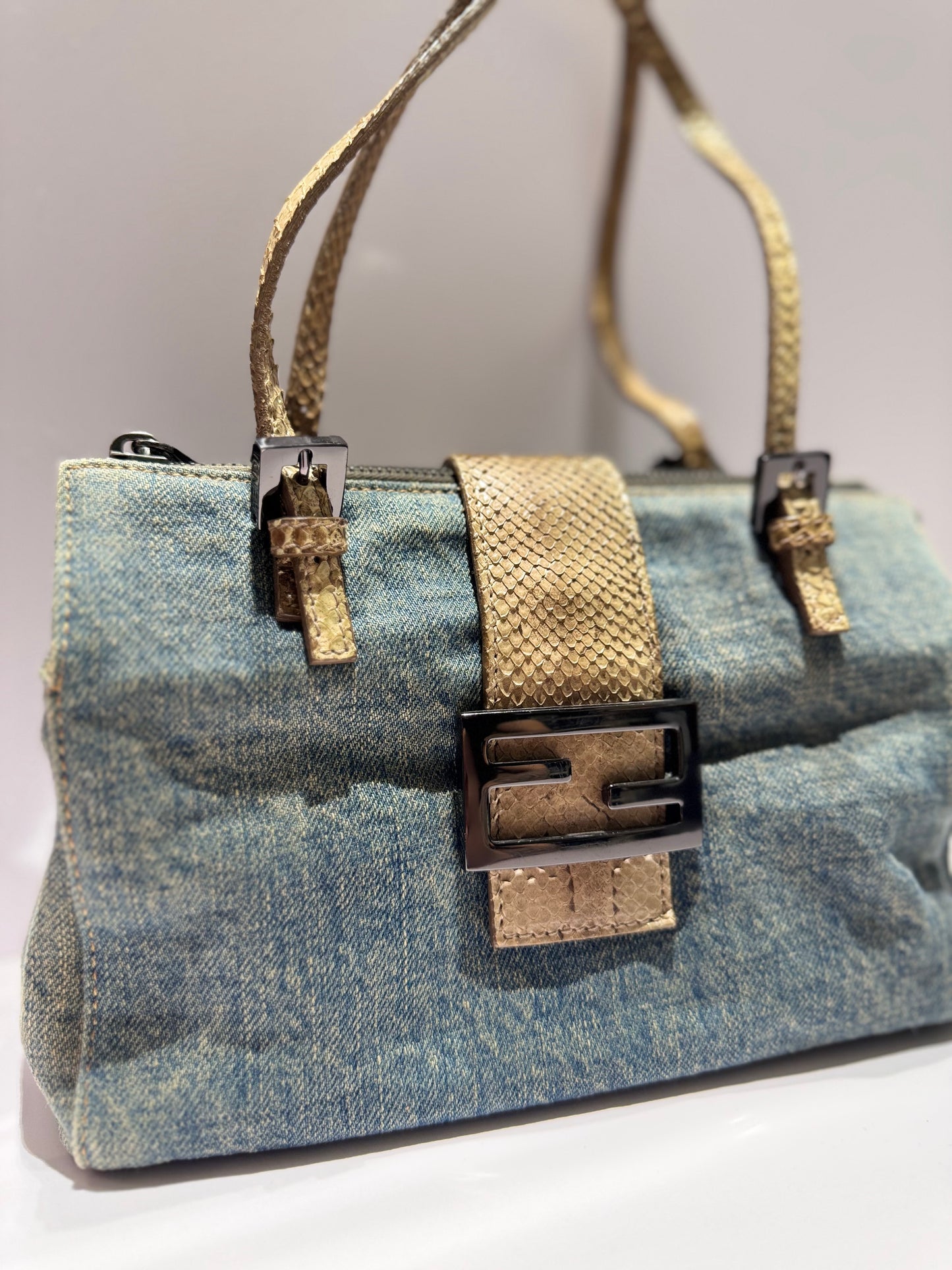 Fendi Denim Snakeskin Boxy Baguette