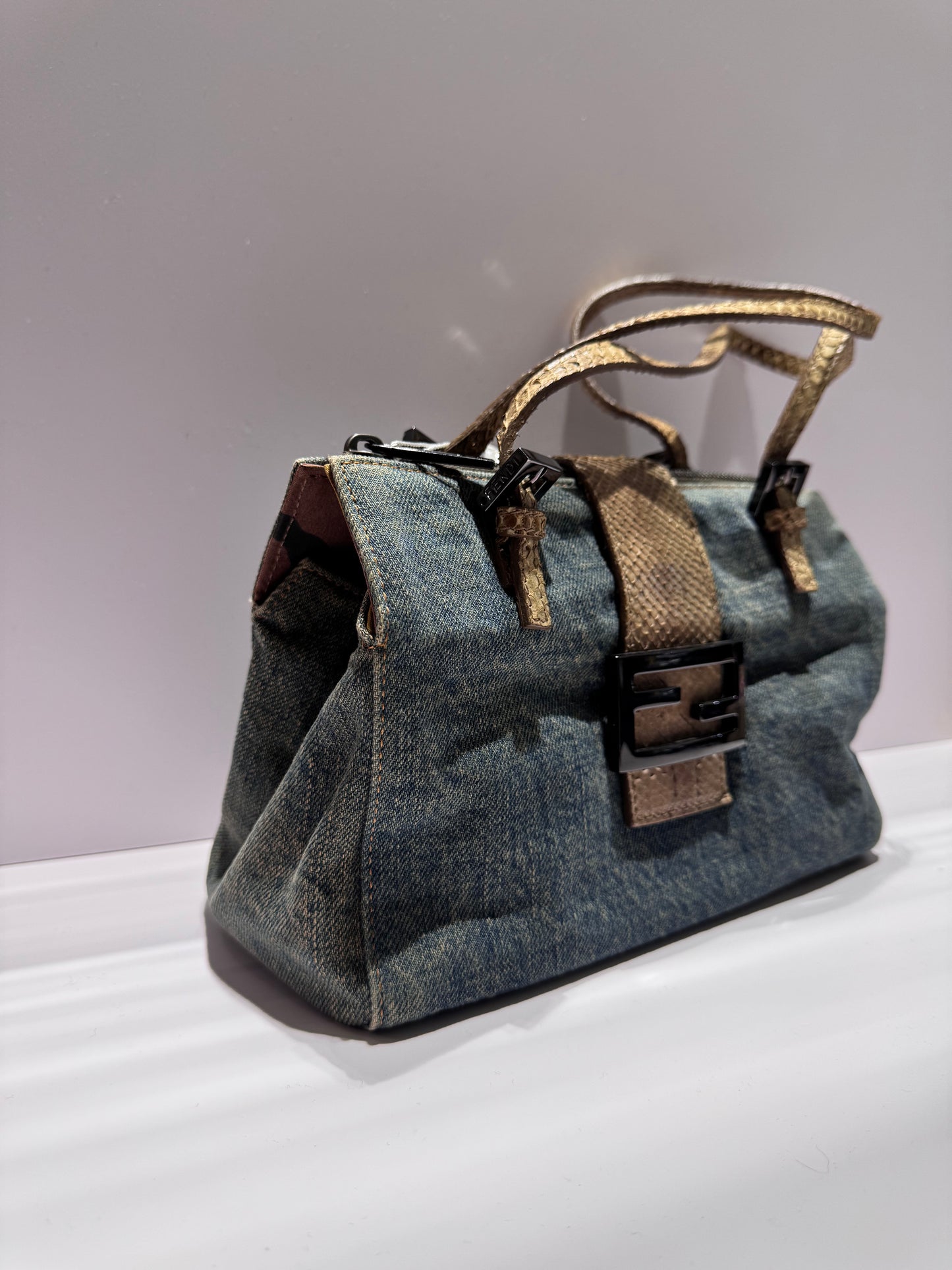 Fendi Denim Snakeskin Boxy Baguette