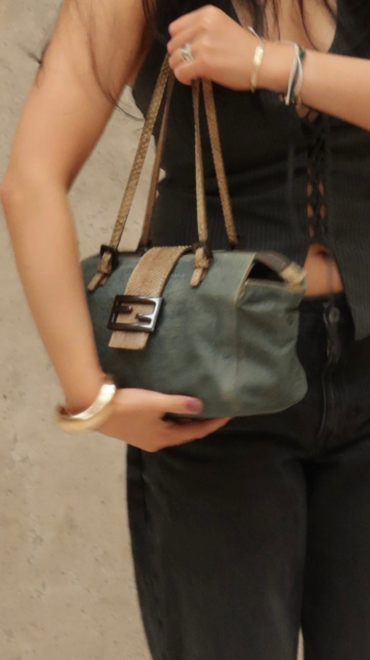 Fendi Denim Snakeskin Boxy Baguette