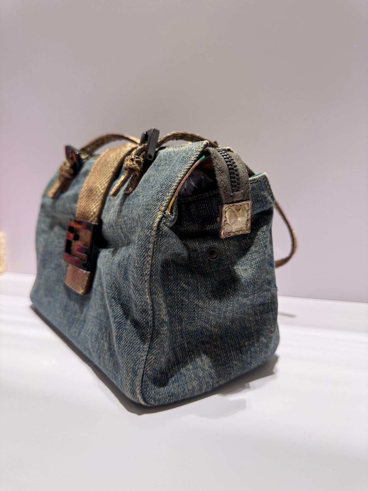 Fendi Denim Snakeskin Boxy Baguette