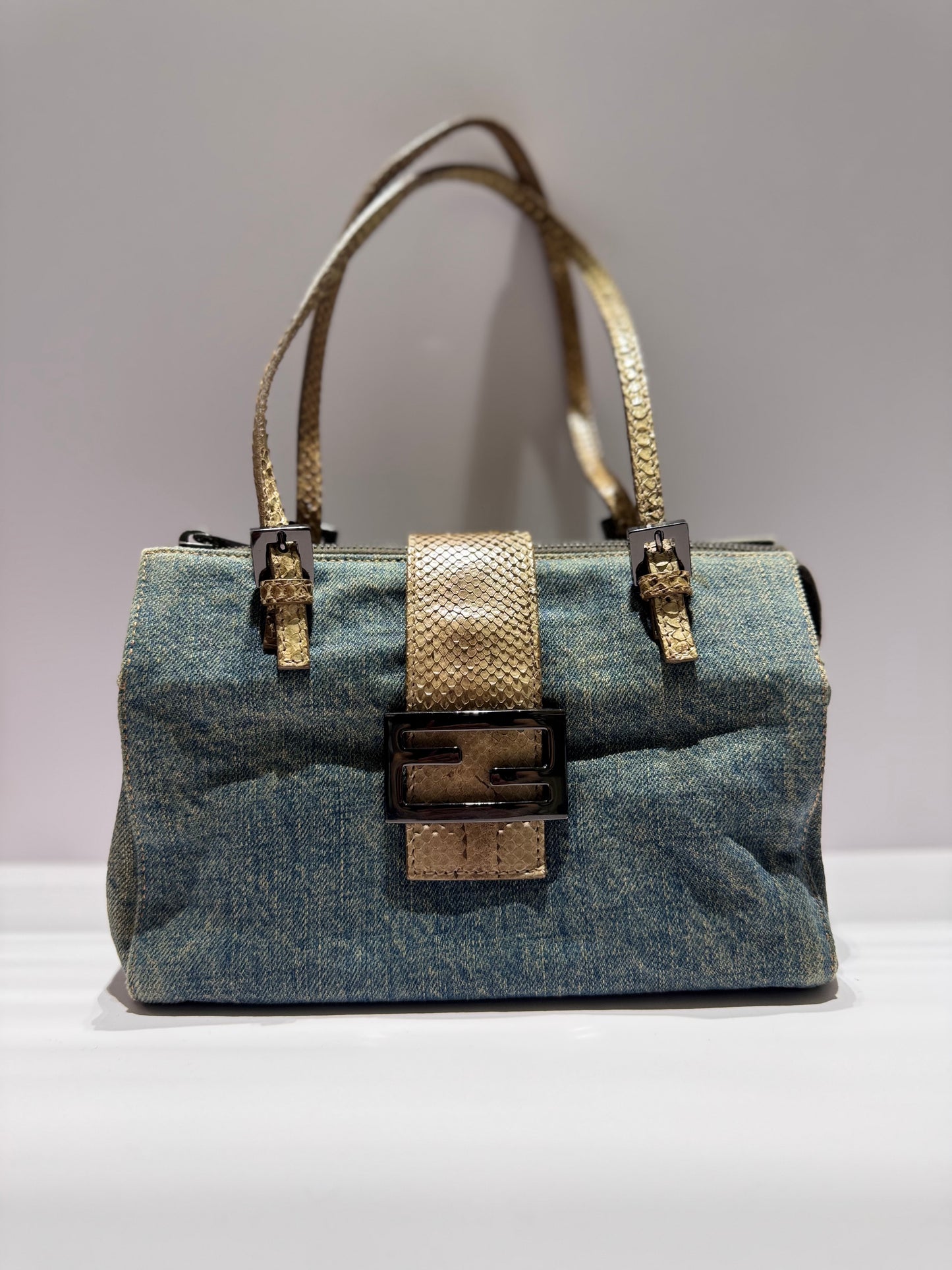 Fendi Denim Snakeskin Boxy Baguette