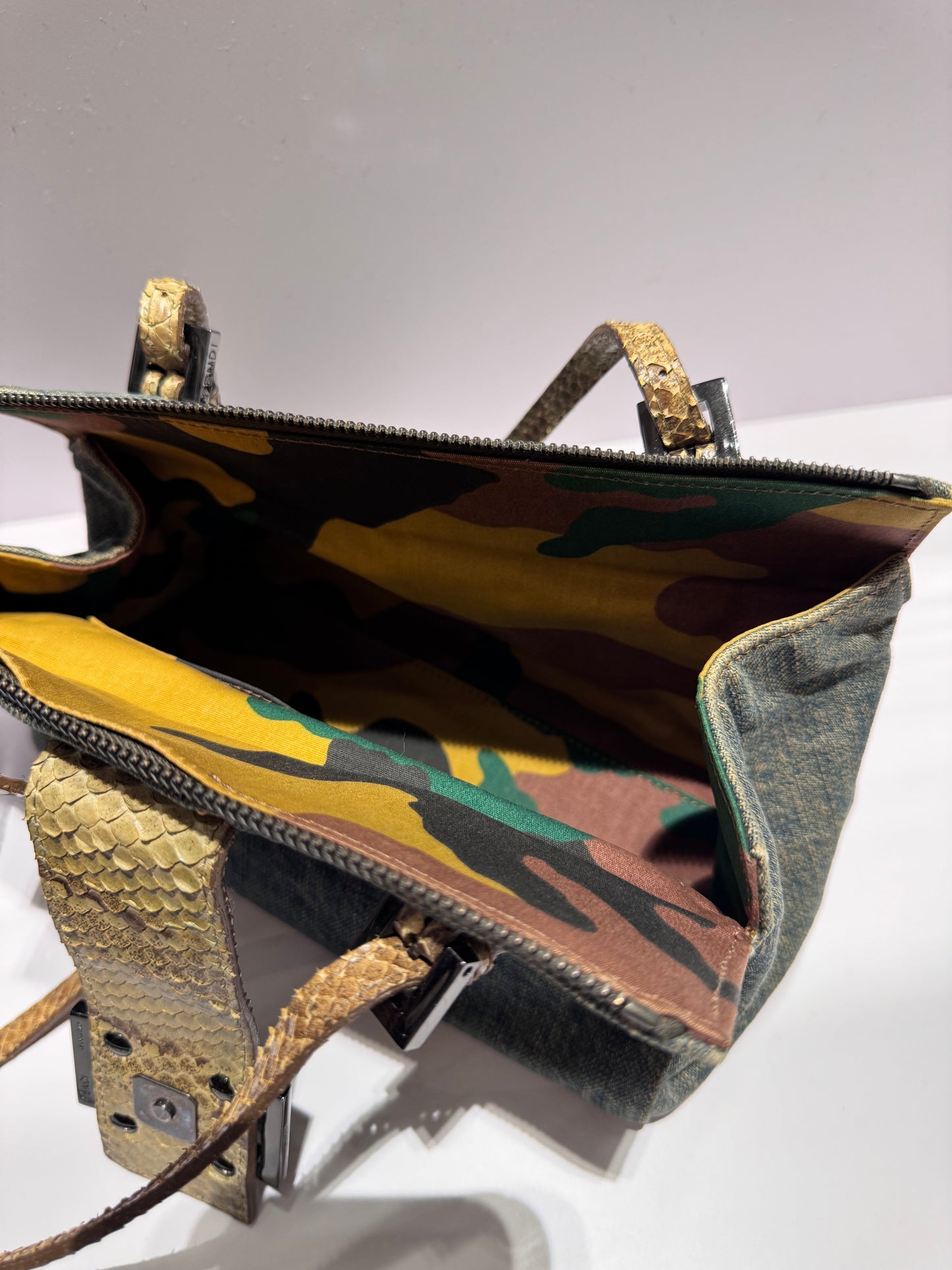 Fendi Denim Snakeskin Boxy Baguette
