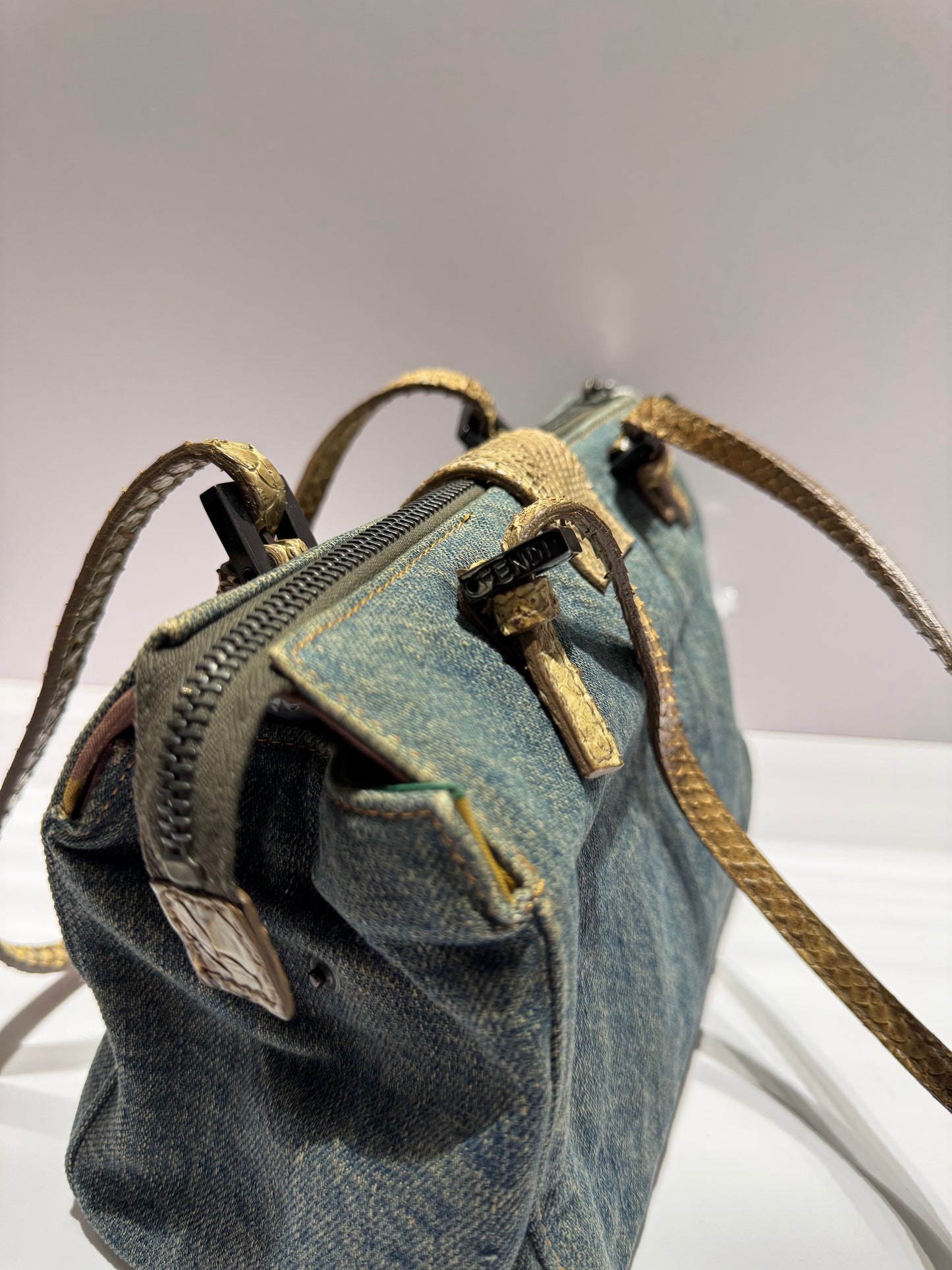 Fendi Denim Snakeskin Boxy Baguette