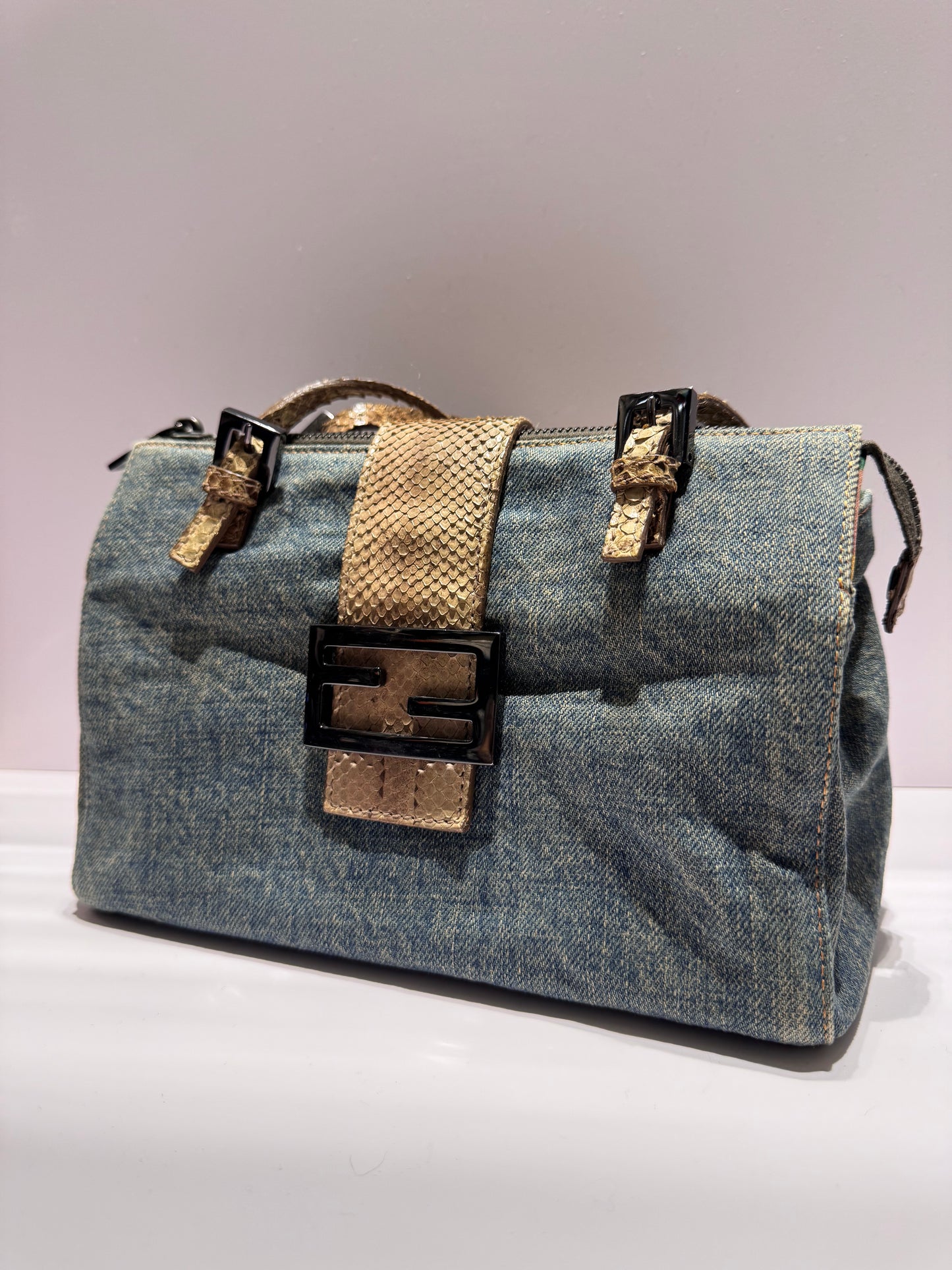Fendi Denim Snakeskin Boxy Baguette