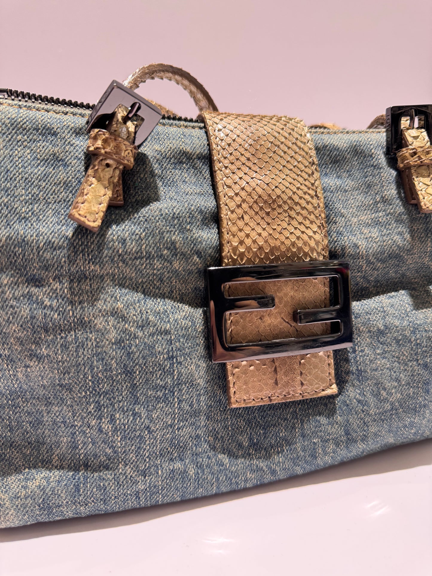 Fendi Denim Snakeskin Boxy Baguette