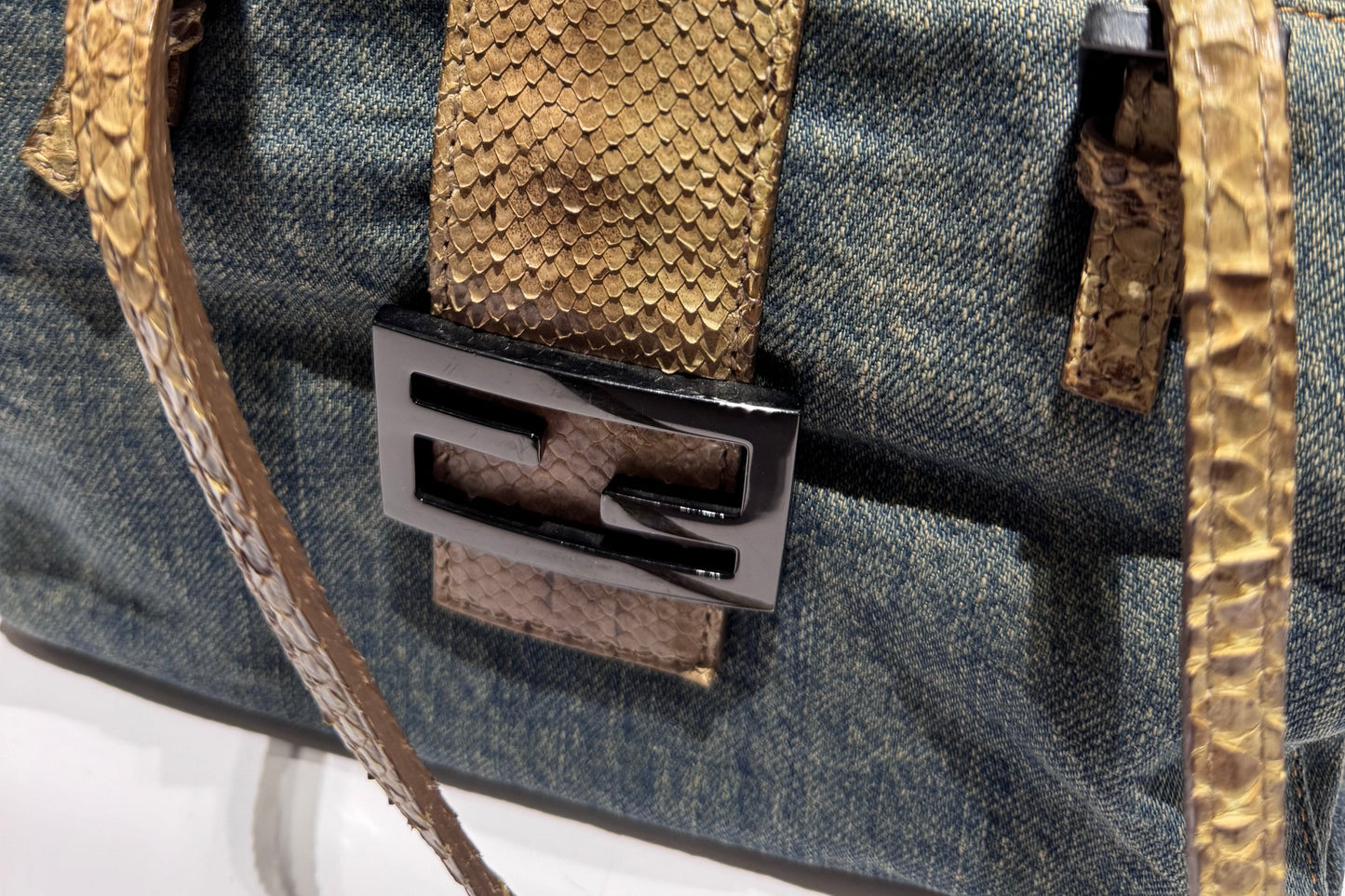 Fendi Denim Snakeskin Boxy Baguette