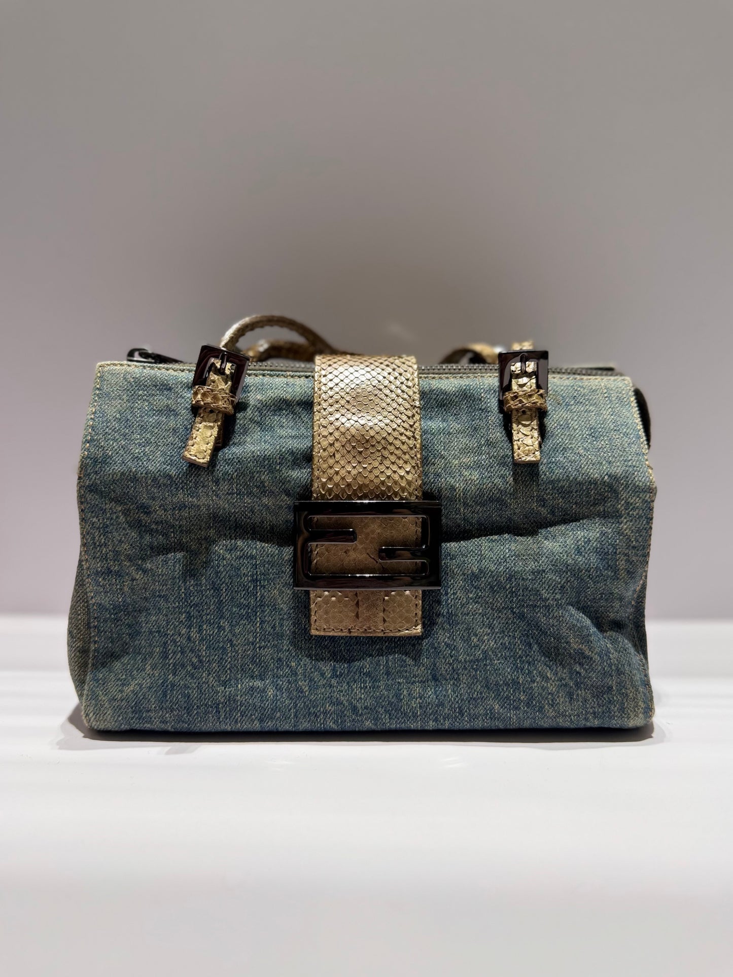 Fendi Denim Snakeskin Boxy Baguette