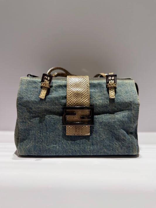 Fendi Denim Snakeskin Boxy Baguette